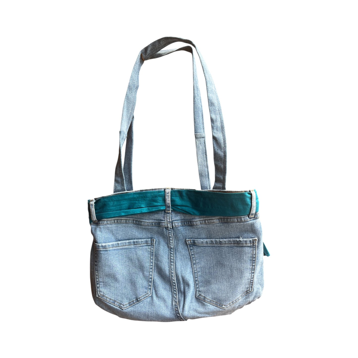 Light blue denim Jean bag with teal fabric belt