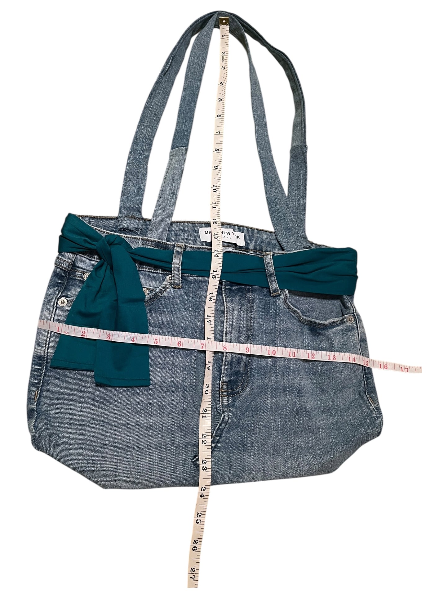 Light blue denim Jean bag with teal fabric belt