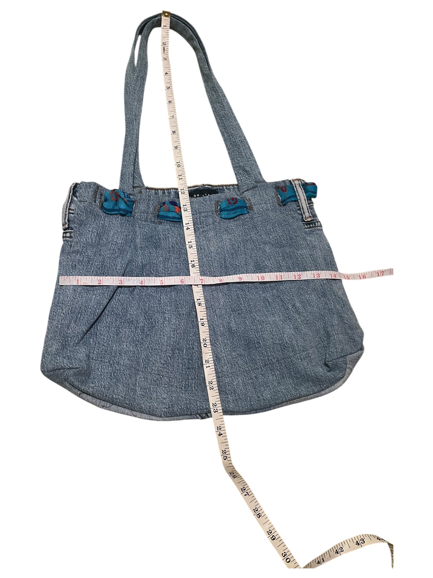 Light blue denim Jean bag with cambaya fabric details