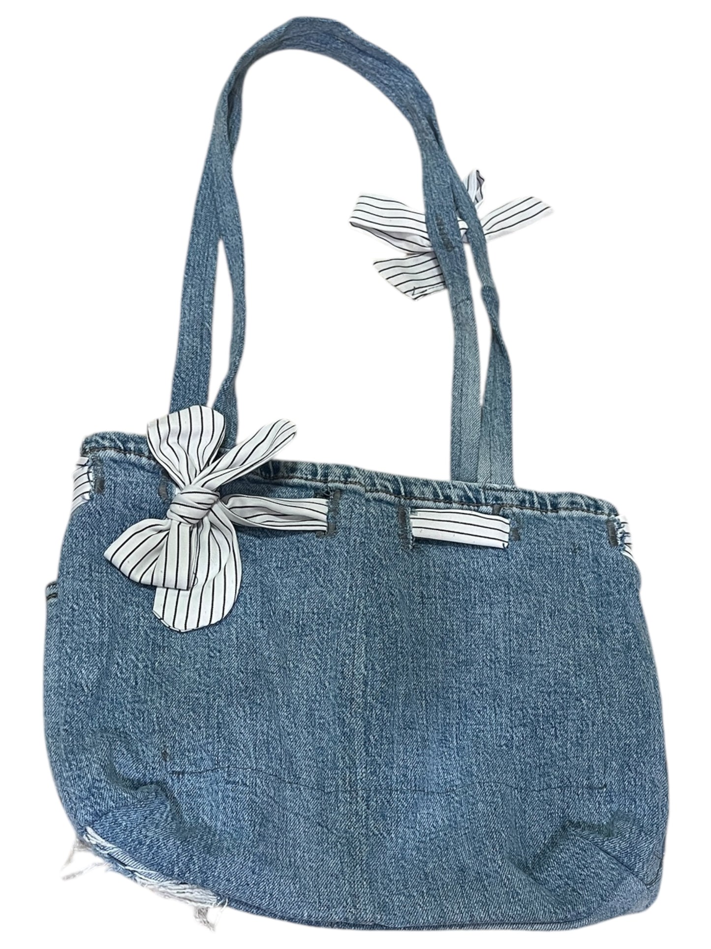 Light blue denim Jean bag with white and black stripes fabric belt