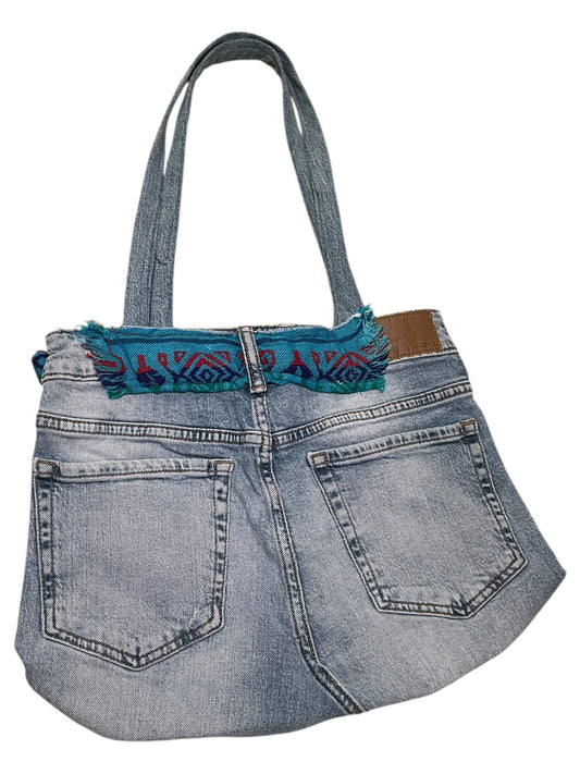 Light blue denim Jean bag with cambaya fabric details