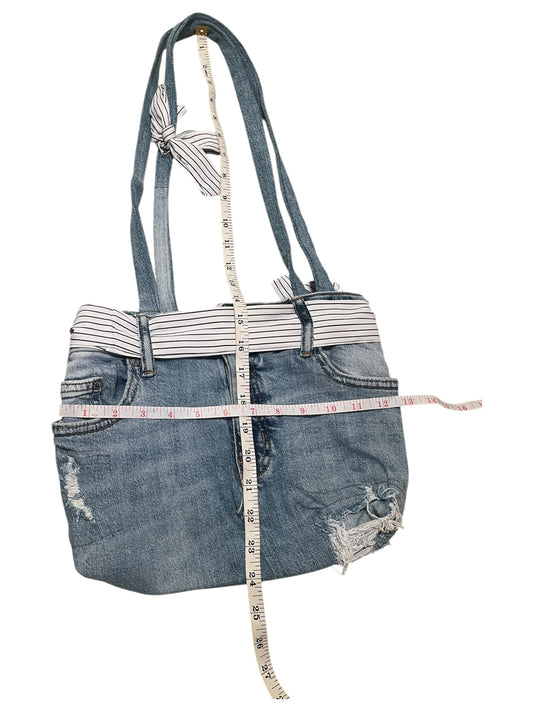 Light blue denim Jean bag with white and black stripes fabric belt
